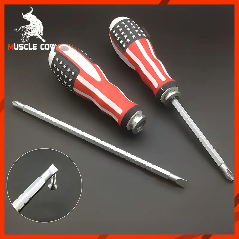 Muscle Cow ไขควงสลับแบน-แฉก และปรับระดับได้ สามารถเปลี่ยนหัวได้ ลายธงชาติสหรัฐ แกนขาว ปรับความยาวได้ 2.5"-4.5"