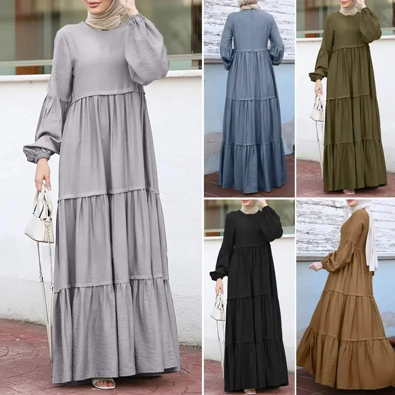 Muslim ruffle skirt ruffle dress casual loose crew neck long dress