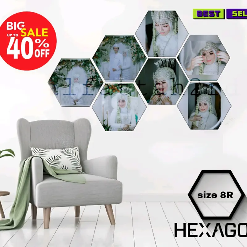 PAKET CETAK FOTO HEXAGONAL + BINGKAI ISI 7 PCS  Dipasang di Dinding kertas Paku 2