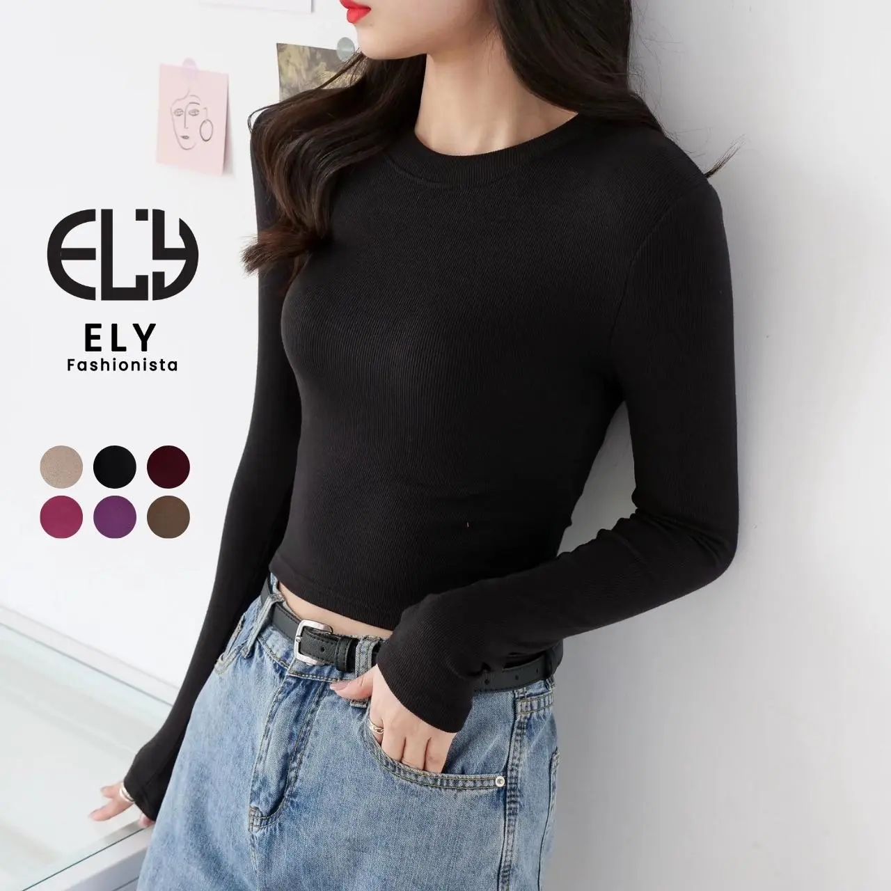 Áo croptop nữ tay dài cổ tròn chất liệu thun cotton đẹp dáng ôm body co giãn tốt, Áo phông nữ baby tee dáng croptop tay dài phong cách thời trang hàn quốc ELY278