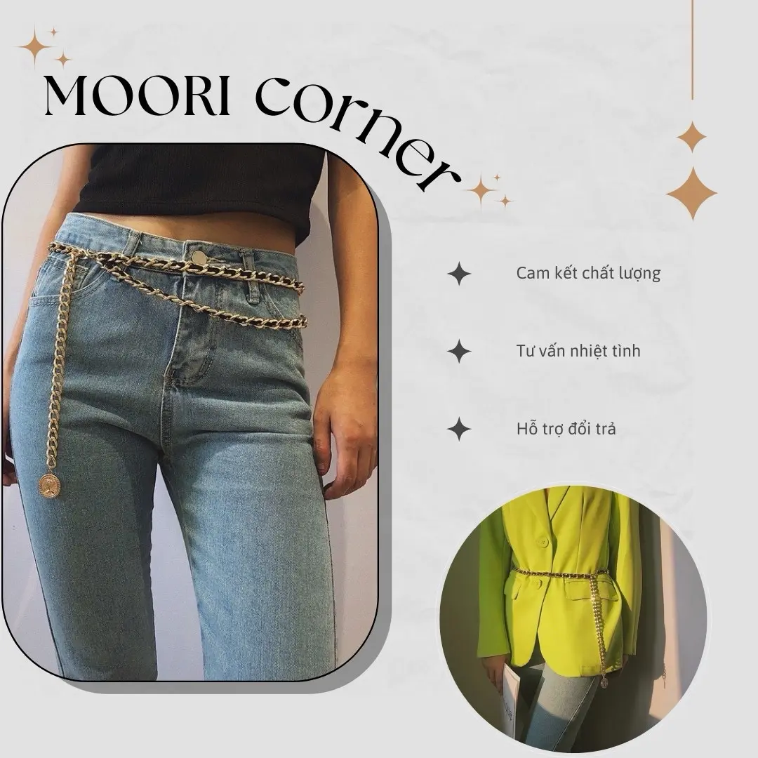 Belt xích/ Thắt lưng kim loại dây xích phối da 2 lớp - Dây xích đai váy thả eo sang chảnh cho phái nữ- Phụ kiện Moori