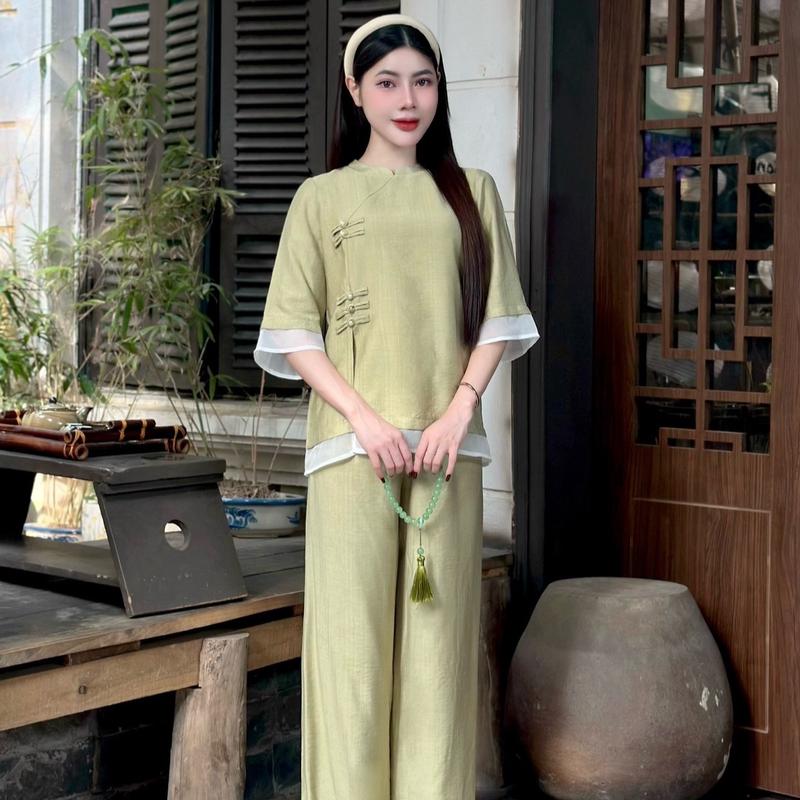 [ Diệu Mai ] Bộ đồ lam trang nghiêm Đũi Lụa 5 màu đi lễ chùa  Women Nữ Voi Jacket 3