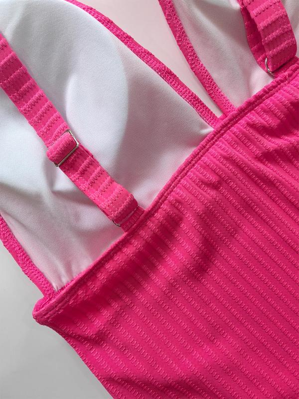 【Plus Size】Solid Color V Neck One-piece Tank Swimsuit, Plus Women's Sexy Sleeveless Ribbed Swimwear for Summer, Plus Ladies One Piece Swimsuit for Beach Holiday Vacation, Swim Bodysuit 3