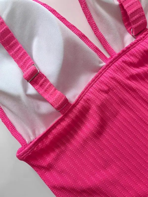 【Plus Size】Solid Color V Neck One-piece Tank Swimsuit, Plus Women's Sexy Sleeveless Ribbed Swimwear for Summer, Plus Ladies One Piece Swimsuit for Beach Holiday Vacation, Swim Bodysuit 3