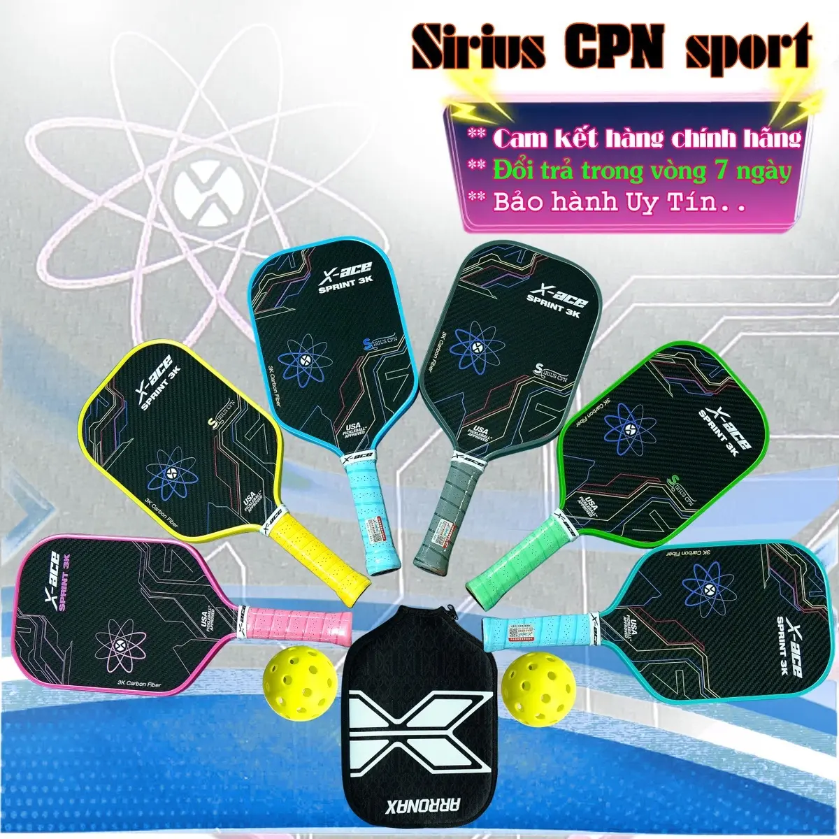 Vợt pickleball x-ace sprint3k siêu nhẹ,siêu bền,mặt sợi carbon 3k cao cấp.COMBO mua 1 vợt tặng 1 bọc đầu vợt và 2 bóng.