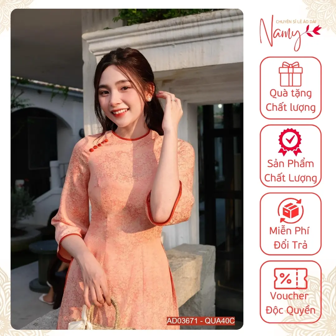 Áo Dài Cách Tân Gấm Hoa Màu Hồng Cam Cổ Tròn Đính Cúc Viển Cổ Màu Cam Hottrend 2024 Namy AD1012