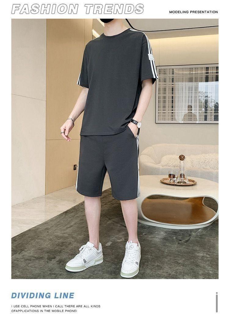 Product Introduction of Summer Men's Fashion Set Trendy Full Set Casual Loose Stylish Shorts Set One Complete Set with Three Stripes Sports 17