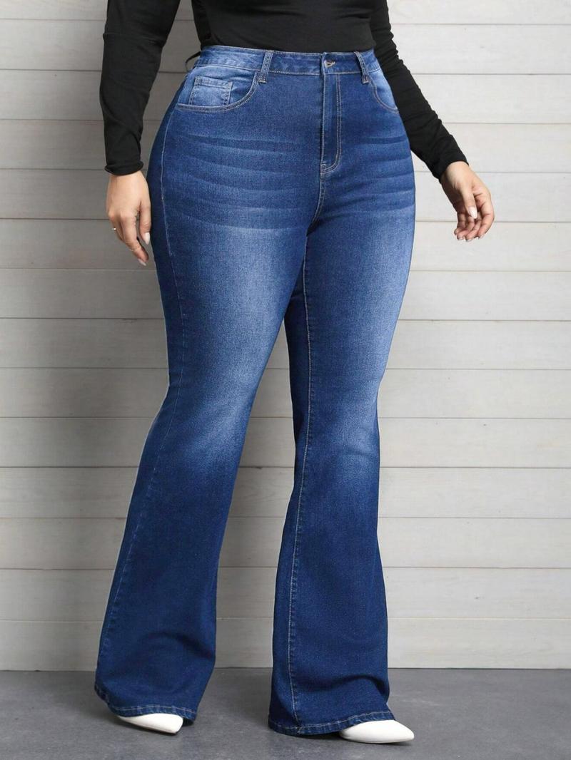Product Introduction of Plus Size Solid Color Flare Leg Jeans, Casual Comfy Denim Pants for Daily Wear, Women's Bottoms for Summer 7
