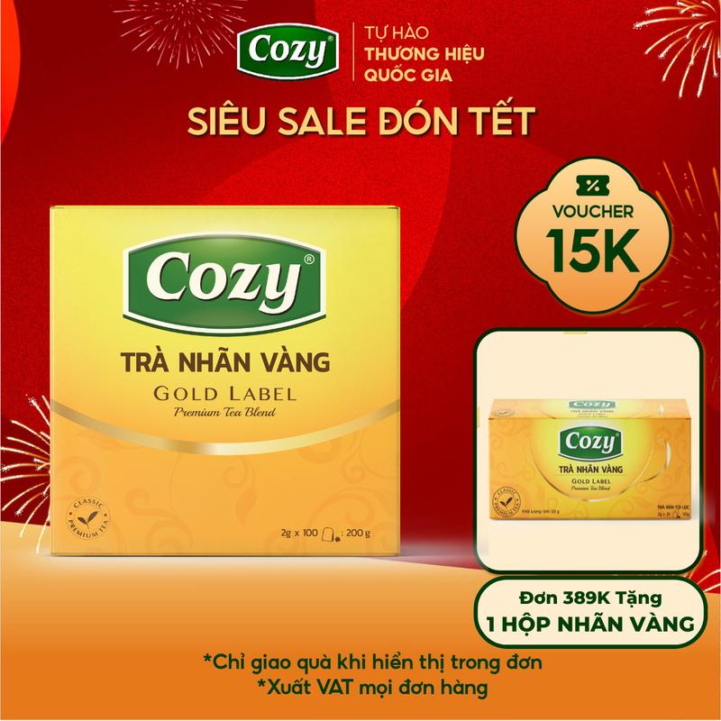 Voucher 15k - Lộc Đón Xuân Trà Đen Nhãn Vàng Cozy Tea 100 Túi Lọc Rời Tép Nhỏ Tiện Lợi Đậm Vị Trà Khách Thích Mê Nước Trà Thơm Từ Lá Chè Sạch Tươi Nguyên Chất Dùng Pha Chế Trà Chanh Trà Tắc Trà Chanh Dây Kim Quất Trà Sữa - Hộp 200g
