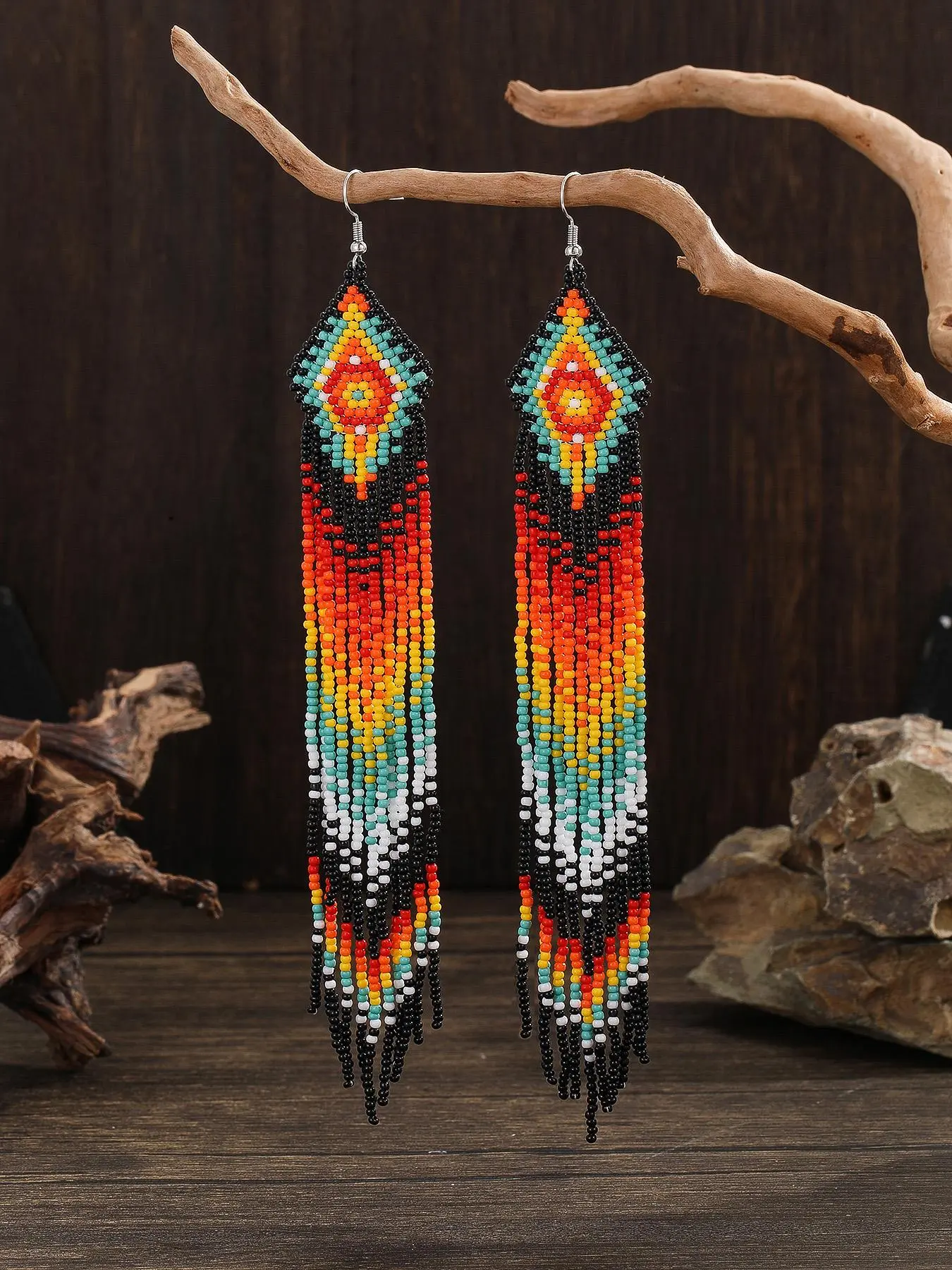 Boho Style Beaded & Tassel Decor Dangle Earrings, Vintage Ethnic Pattern Drop Glass Earrings for Women, Fashion Accessories for Party, Daily Clothing Decor