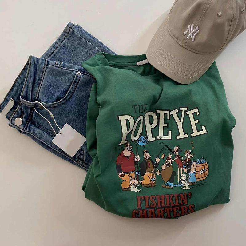 2024 Cute Cartoon Puppy Print T-shirt Contrast Color Straight Shoulder Simple Girl Style 2