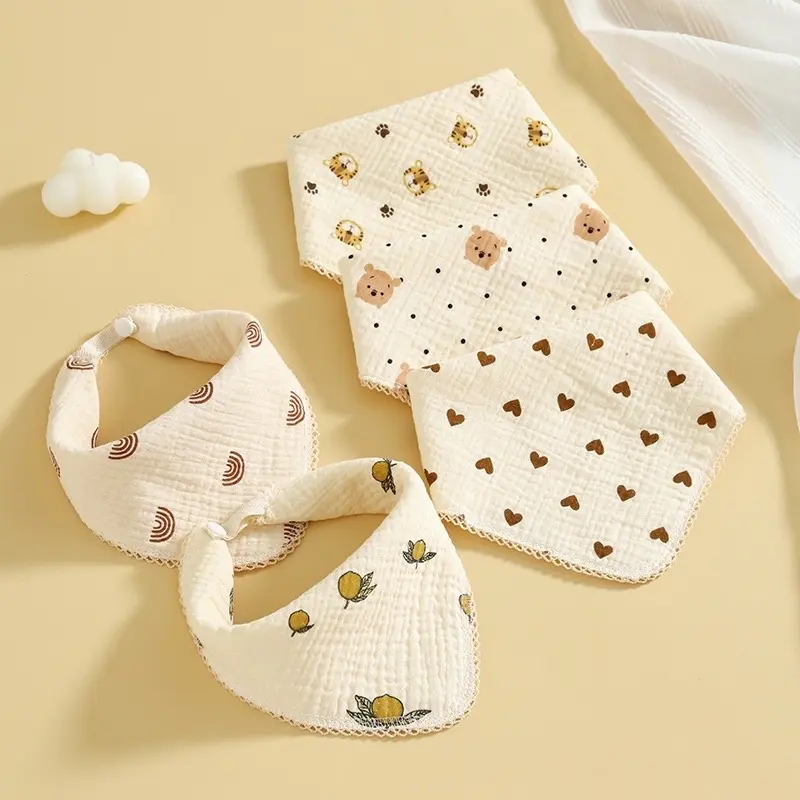 Sét 5 khăn yếm vải xô Muslin 2in1- Khăn sữa kèm yếm tam giác Cotton Kem Voi Len 3