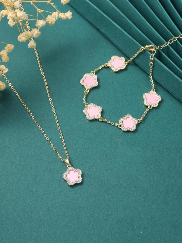 Spring Romantic Flower Charm Bracelet & Pendant Necklace, Real Jewelry Sets, Saint Patrick's Rhinestone Decor Women's Summer Accessories for Daily Wear, Todays Flash Sale Bundles Valentine's Day Gift, Vintage Jewelry  Jewelry Set for Women 4