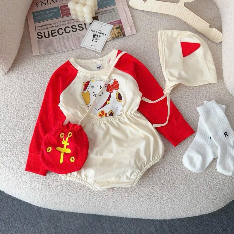 SET BODYSUIT MÈO THẦN TÀI CHO BÉ TẶNG KÈM MŨ VÀ TÚI CỰC YÊU, ÁO TẾT CHO BÉ 0
