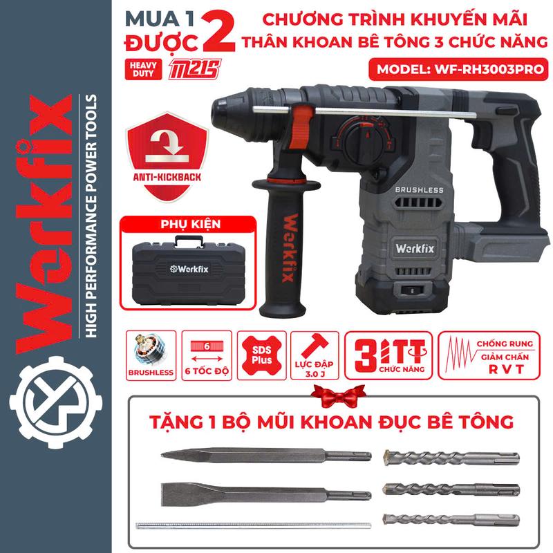 Máy Khoan Bê Tông WORKFIX WF-RH3003 3 chức năng, Động cơ Không chổi than, Lực đập 3.0J ( THÂN MÁY KHÔNG PIN SẠC )