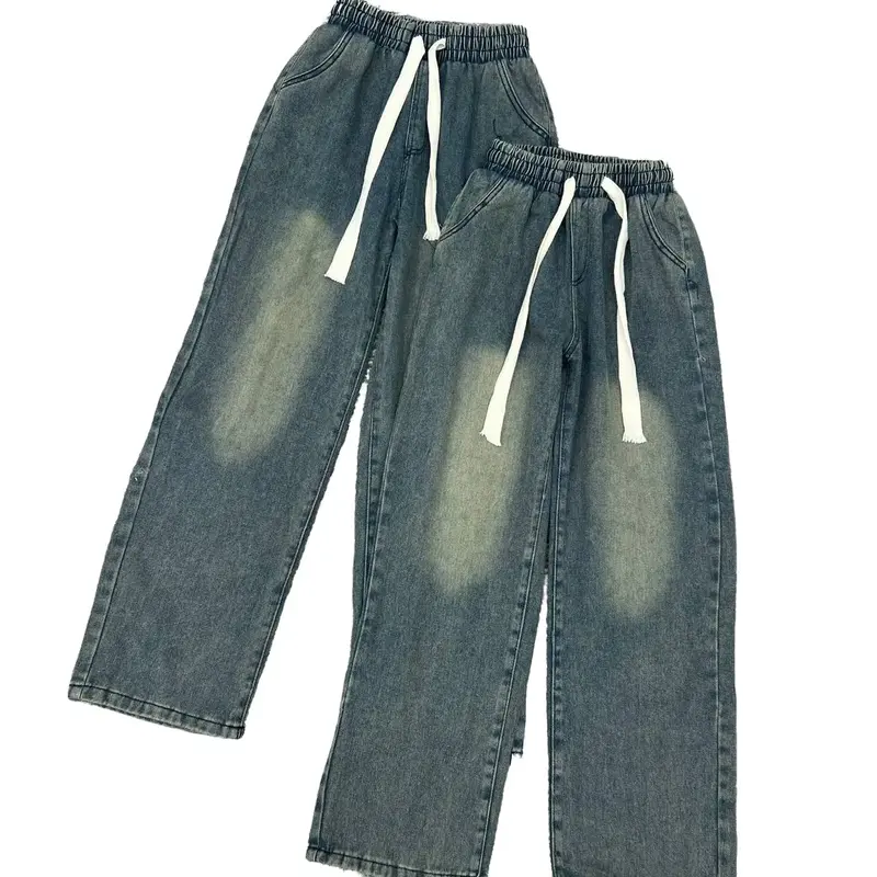 Quần Jeans Nữ Lưng Chun ống Suông Dây Rút Màu Dơ Free Size Dưới 65kg Tua Rua Ong Pants Women - Xưởng may Mỹ Nhung quan  jean qc 8