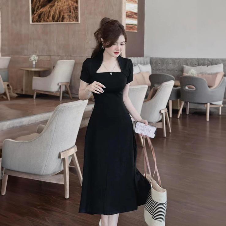 Váy ctong body đen trơn dáng dài cổ vuông cá tính Nữ Kim Tuyến Dress Women Màu Đen