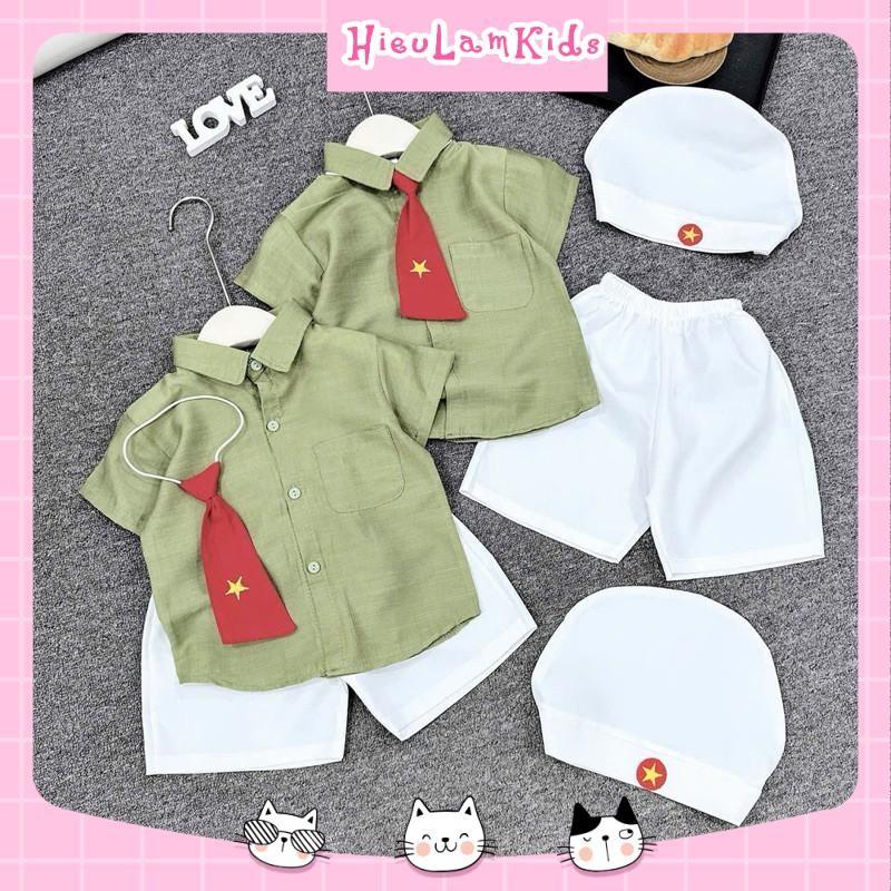 X32 - Bộ quần áo cho bé 4 món, Set áo sơ mi kèm cà vạt và mũ lá cờ đỏ sao vàng cho bé 3