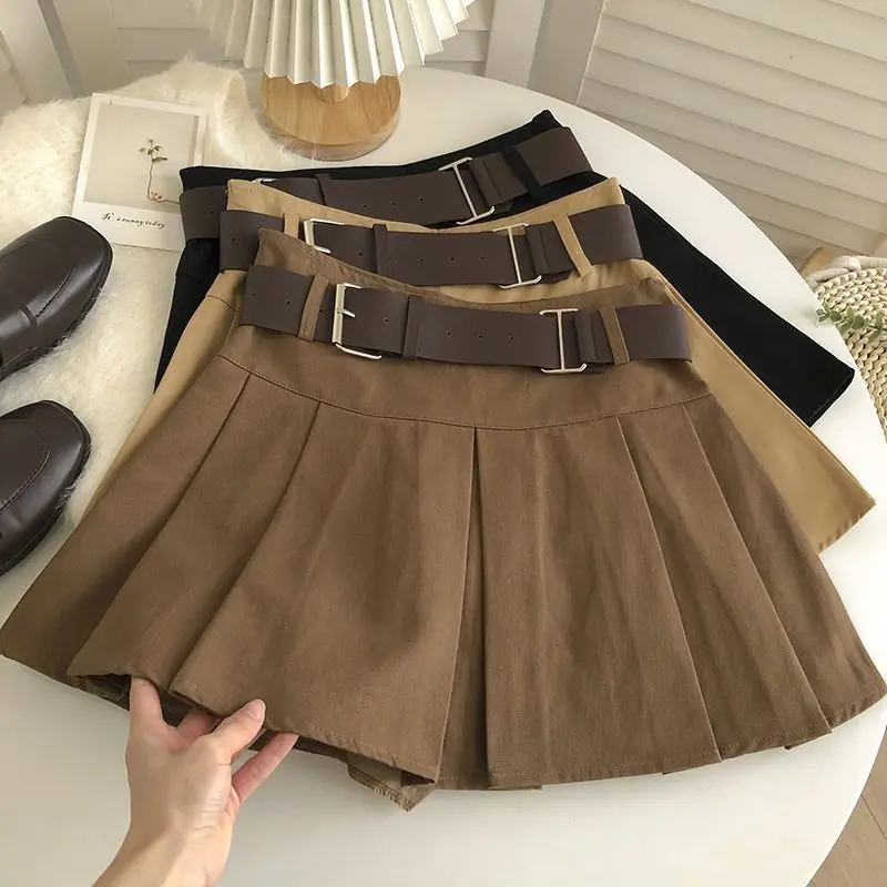 Belt High Waist Pleated Skirt Women's Autumn New Korean Style Versatile Anti-Exposure Khaki Skirt Womenswear Bottom Lingerie Comfort Basic Casual Minimalist