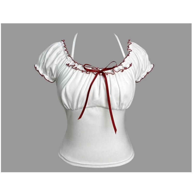  Áo Thun Trễ Vai Ngắn Tay Dây Cột Cổ Phối Nơ Ngực Viền Bèo Đỏ 