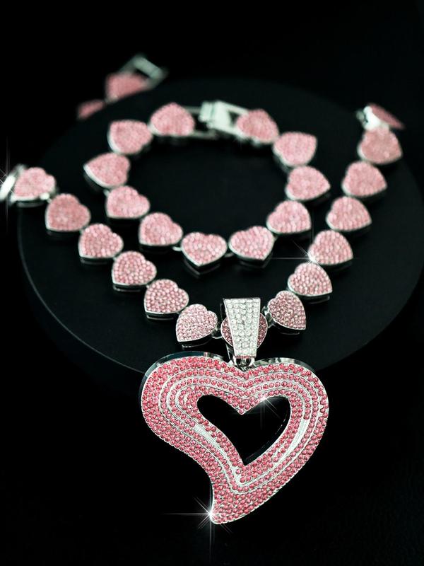 Luxury Rhinestone Decorated Heart Design Necklace & Bracelet (2pcs/set), Gorgeous Fashion Jewelry Set for Women & Girls, Elegant All-match Fashion Accessories for Daily Wear, Mother's Day Gift 3