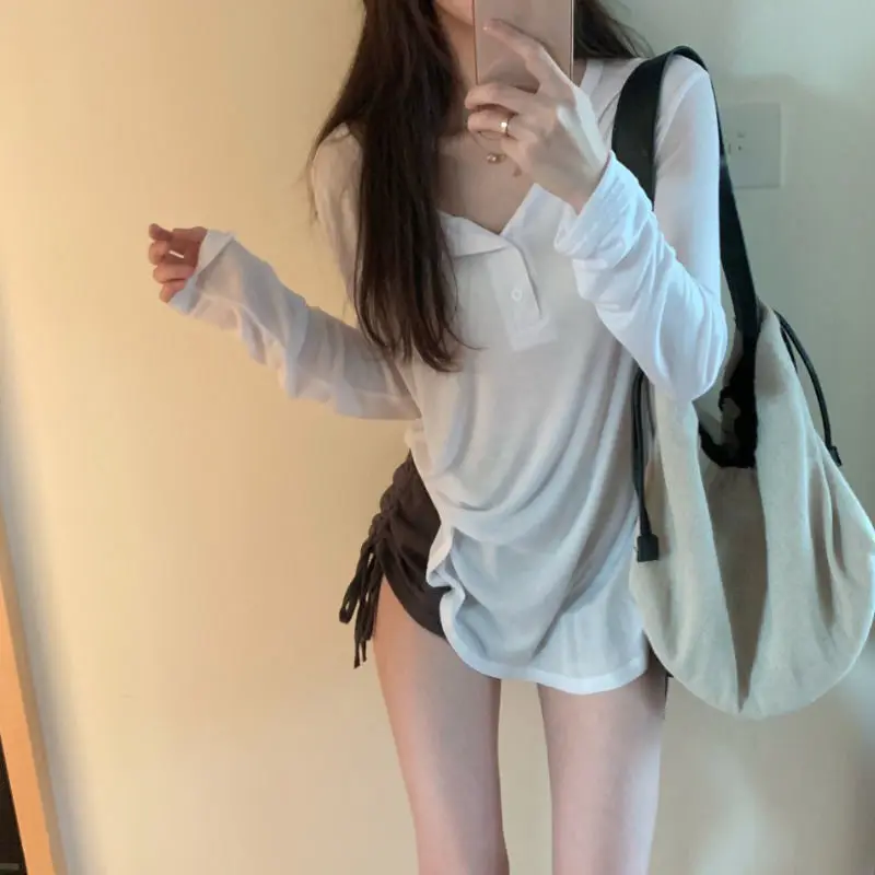 2025 Pure Desire Style Long Sleeve Sun-Protection Overshirt Summer New Loose V-neck Thin Top Casual Sports Shorts Two-Piece Suit for Women