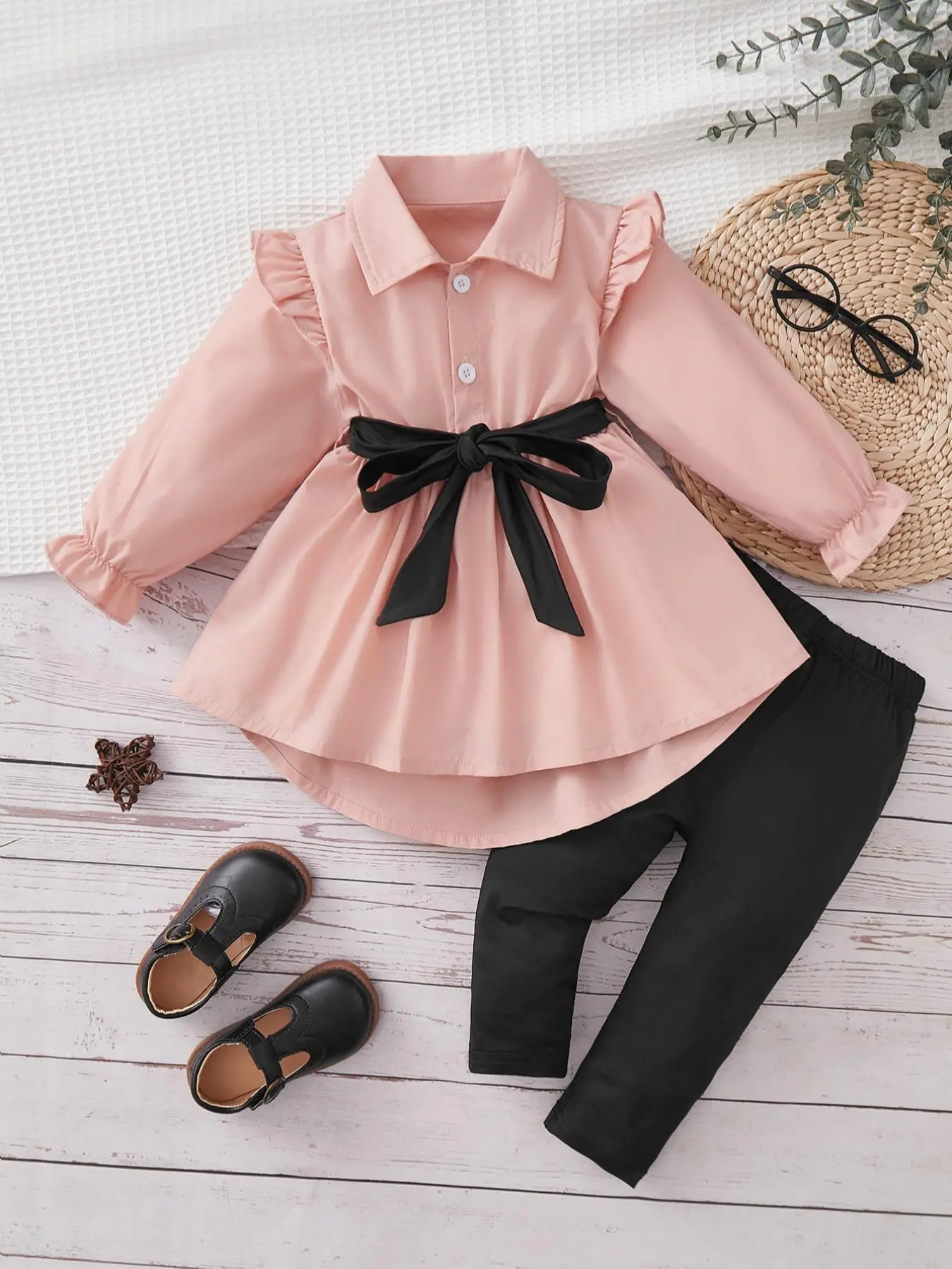 Two-piece Set Baby Girl's Frill Trim Belted Peplum Blouse Top & Leggings Pants, Cute Spring & Autumn Outfits Clothes for Infant Toddler Kids, Newborn Baby Gift Set