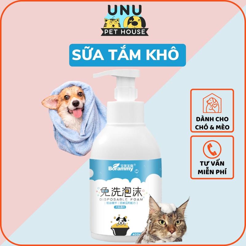 Sữa tắm khô cho chó mèo BORAMMY dưỡng lông, khử mùi, diệt khuẩn, không cần dùng nước, chai 500ml - UNU Pet House
