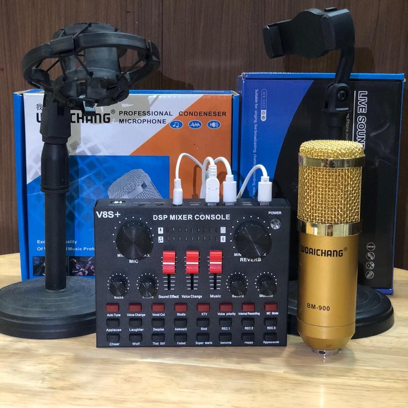 Combo bộ hát thu âm cao cấp V8s bluetooth mic BM900 hát cực hay livestream micro kèm chân kẹp điện thoại và micro tặng tai nghe