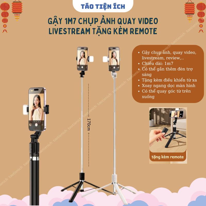 Gậy 1m7 Chụp Ảnh 3 Chân Quay Video Livestream Có đèn Led điều Khiển Bluetooth Từ Xa Kèm Tripod Selfie Phụ Kiện Kem