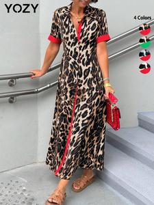 YOZY Women's Leopard Print Collared Dress, Fashion Casual Short Sleeve Dress for Daily Outdoor Wear, Ladies Dress for Summer, Womenswear, Shortsleeve