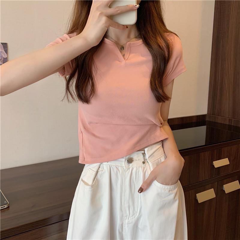 Product Introduction of Summer slim fit crop top spicy girl outfit T-shirt short sleeved plain color, comfortable and breathable, paired with jeans 9
