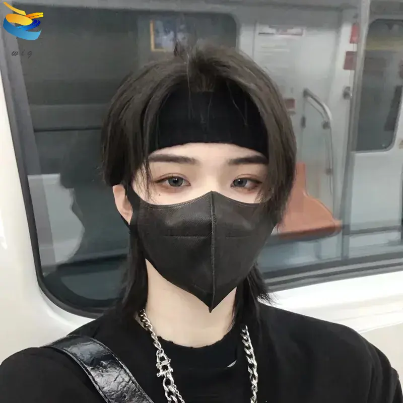 Wig ekor serigala untuk pria dan wanita dengan rambut lurus pendek dan tutup kepala penuh secara alami tampan..... 0