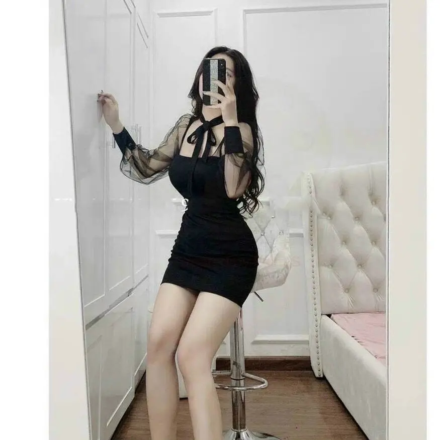 Váy đầm nữ body tay lưới thắt nơ xinh xắn Dress Women
