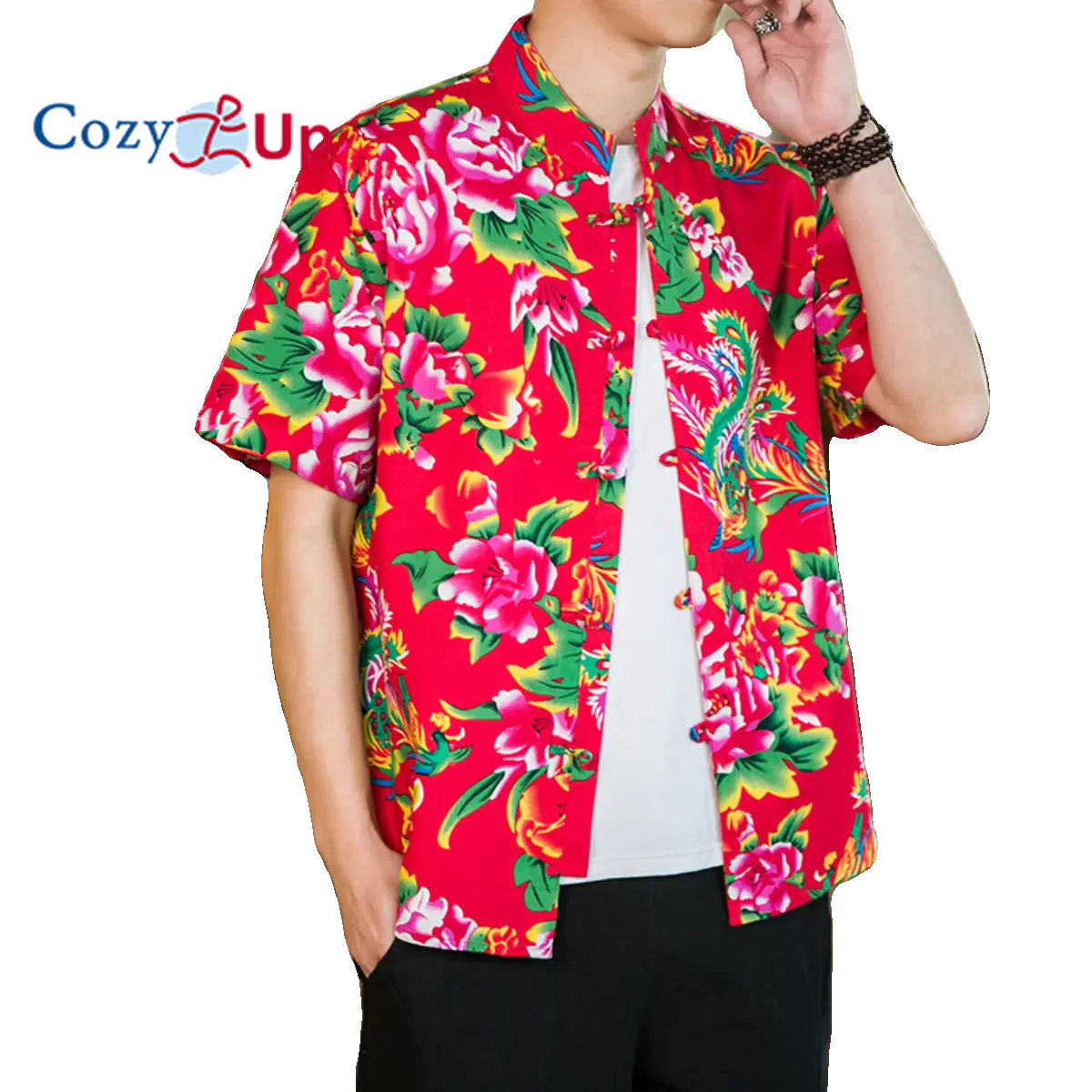 Peony Northeast Large Flower Plate Button Men's Casual Retro Short-sleeved Shirt