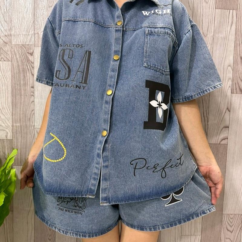 sét jeans đùi sơ mi cho nữ in chữ 1