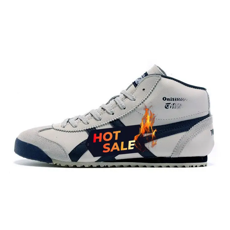 2024 tiger Men Women's Leather Shoes Casual Running Sports Beige High Top Shoes Black