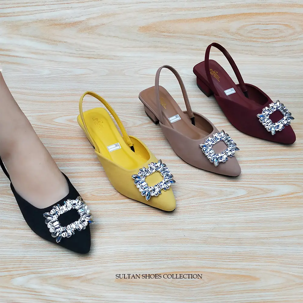 10.10 SALE - Sepatu/Sandal High Heel Pesta 3 CM Flat Slip On Mules Kekinian Terbaru | Spatu Bapau Perempuan Flat Tali Belakang Hak Tahu 3 Cm Variasi Manik Kotak Blink-blink Karet
