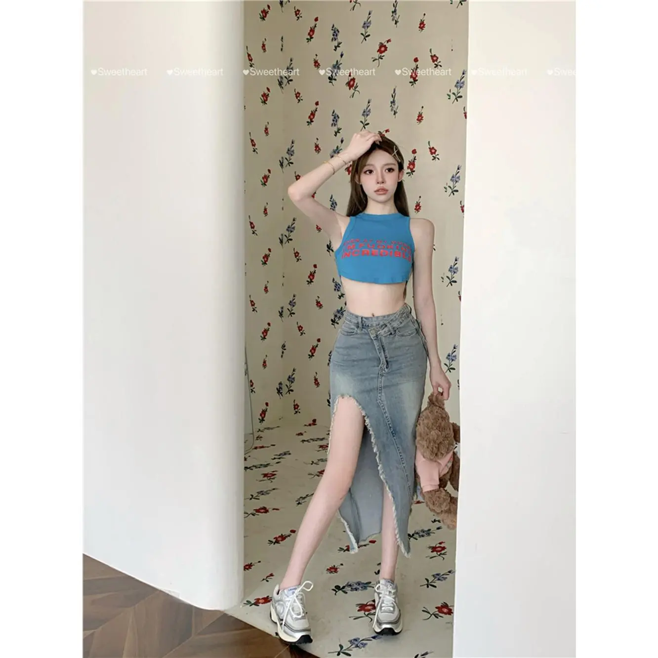 Chân Váy Denim, Cạp Cao, Bó Sát, Xẻ Tà Bất Đối Xứng Dành Cho Phụ Nữ, Phong Cách Cổ Điển Mùa Hè, Viền, Chân Váy Dài Trung Bình Chân Váy Bodycon Độc Đáo Women Khuy