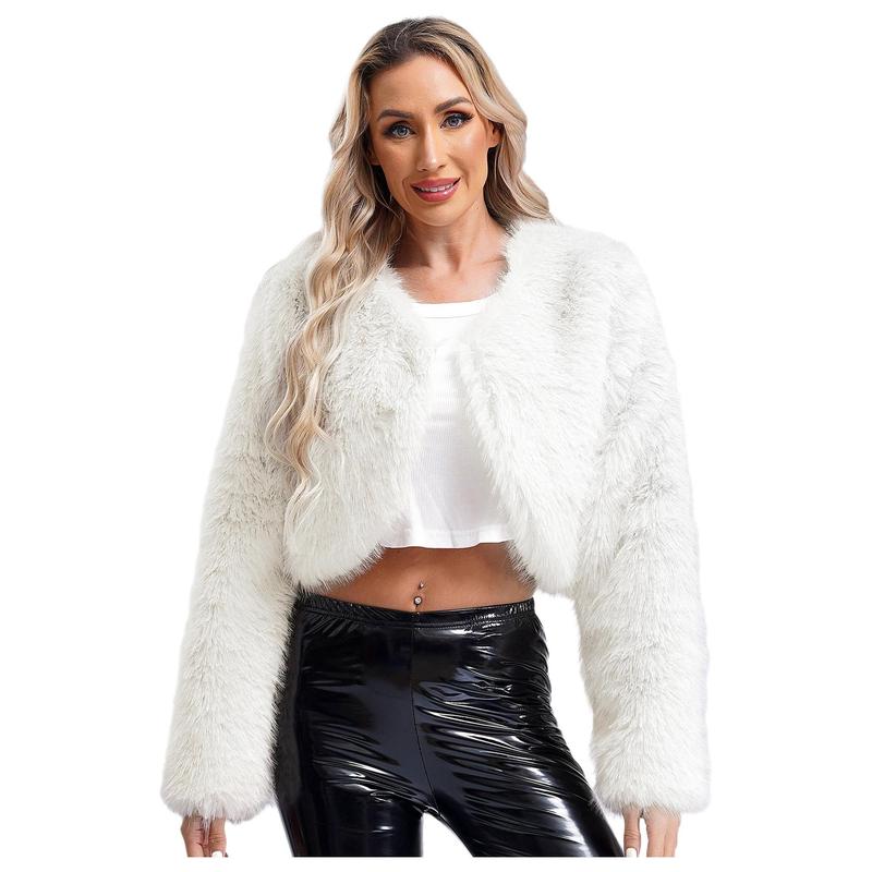 inhzoy Islamic Womens Cropped Faux Fur Jacket Open Front Furry Short Coat Long Sleeve Winter Cardigan Outerwear 2
