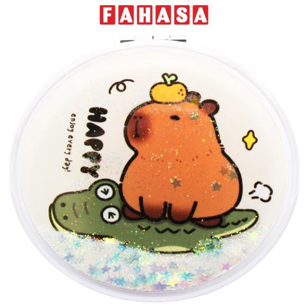 Gương Tròn Cầm Tay 2 Mặt Nhũ Kim Tuyến Hình Capybara - WanLongDa ZT185-2465L1 - Màu Kem 0