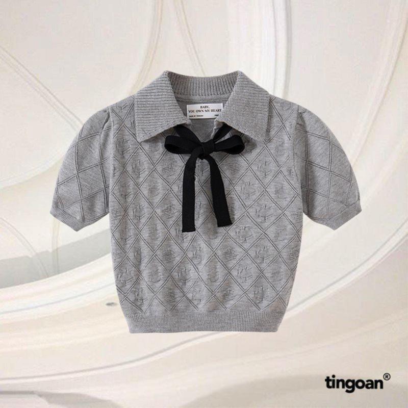 TINGOAN - Áo len xám crop bề mặt len hoạ tiết quả trám cùng chi tiết buộc nơ YURI YURI TOP/GR