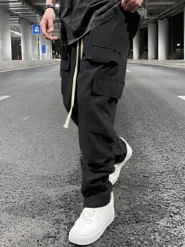 Men's Solid Drawstring Waist Cargo Pants, Street Fashion Casual Pocket Elastic Waist Trousers for Daily Wear, Men's Bottoms for All Seasons 6