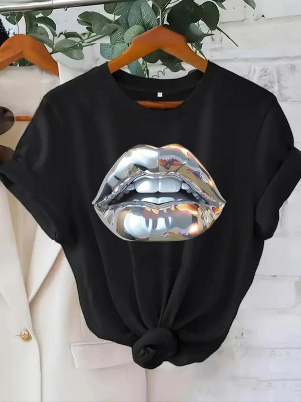 Women's Lip Print Round Neck Tee, Fashion Casual Crew Neck T-Shirt for Daily Holiday Vacation Outdoor Wear, Ladies Clothes for Summer, Top 2