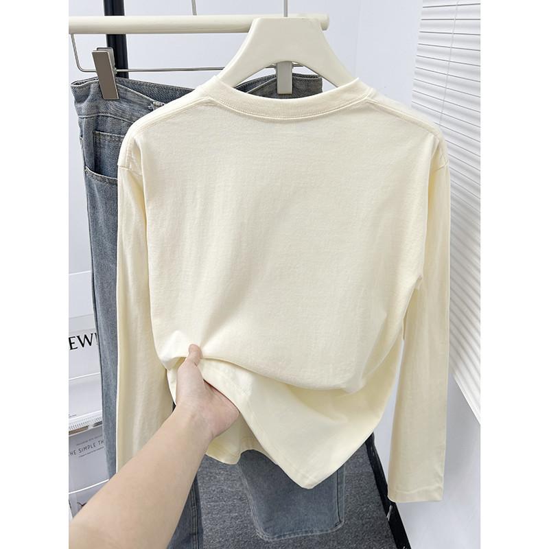 Áo Thun Cotton Nguyên Chất, Cổ Tròn, Dài Tay, Dành Cho Nữ, Hàng Mới Về Mùa Thu 2024, Phong Cách Thời Trang Hàn Quốc, In Hình Trẻ Trung, Dáng Rộng Vừa Vặn, Quần Áo Đáy 1