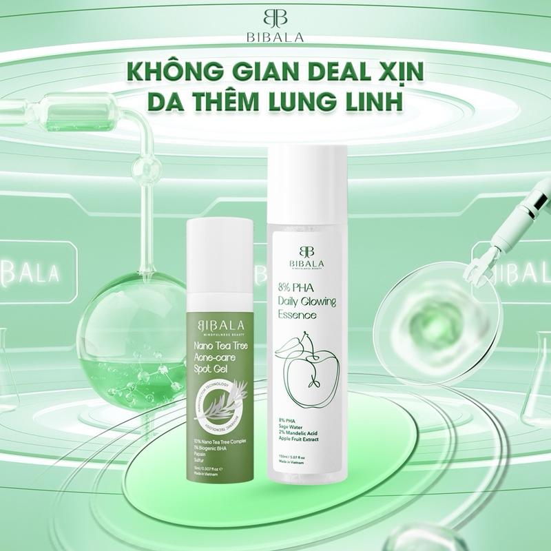 Bộ đôi Nước dưỡng 8% PHA 8% PHA DAILY GLOWING ESSENCE 150ML + GEL chấm mụn Tràm Trà NANO TEA TREE ACNE-CARE SPOT GEL 15ML BIBALA