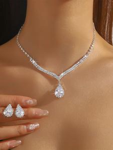 Set de 3 piezas de Collar y Aretes de Zirconia en forma de gota de agua, Joyería Elegante para Mujer, Perfecto para Bodas y Fiestas
