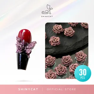 Shinycat 30pcs Aksesori Kuku Glitter Motif Kupu-Kupu & Mawar Warna Hitam Pink Dekorasi Nail Art Manicure