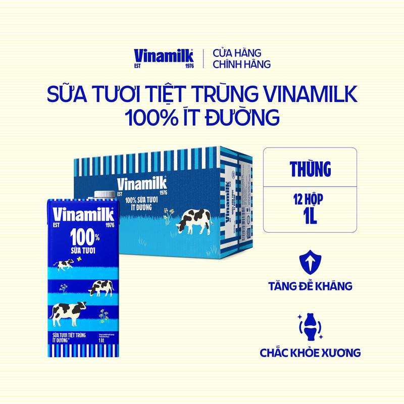 Thùng 12 hộp Sữa tươi tiệt trùng Vinamilk 100% ít đường Hộp giấy 1L