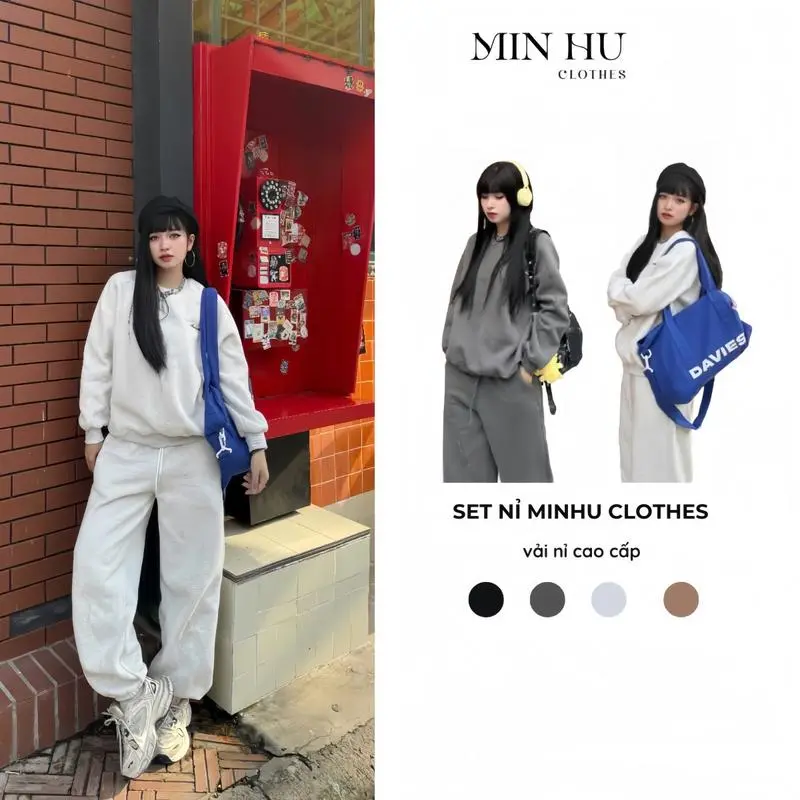 Set nỉ áo sweater cổ tròn kèm quần nỉ MINHU CLOTHES dành cho nữ, nam màu ghi, đen, xám, nâu